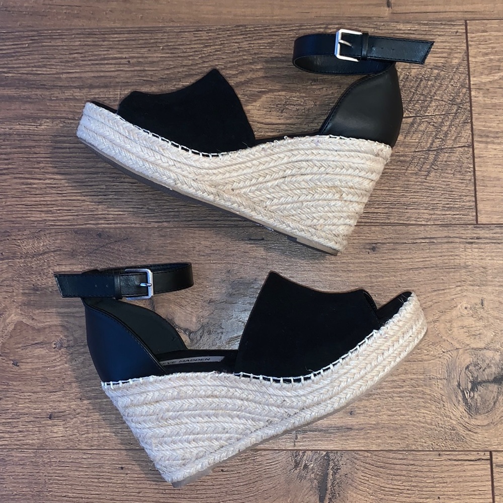 Steve Madden Jaylen Black Suede Leather Espadrille Wedge (9.5)